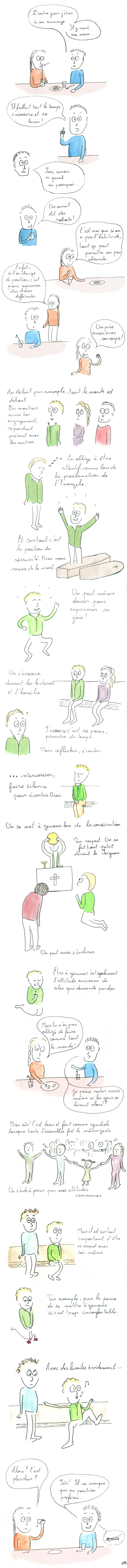 Les différentes positions à la messe Lorsque l'on a pas l'habitude d'aller à la messe, on a parfois du mal à comprendre pourquoi les gens se lèvent et s'assoient.
L'attitude que l'on a exprime des choses différentes, on prie avec son corps.
Debout on montre son engagement, attentif. Symbole du ressucité.
On peut aussi danser. S'asseoir pendant les lectures et l'homélie c'est se poser pour réfléchir, interioriser...
Etre assis pour intérioriser, faire silence pour écouter Dieu. Durant la consécration on se fait tout petit devant le seigneur en s'agenouillant ou s'inclinant.
A genoux est aussi une attitude pour demander pardon. Mais on n'est pas obligé de faire tout comme tout le monde.
Une attitude commune aide à prier. Mais il est important d'être en accord avec soi-même.
Par exemple ne pas se mettre à genoux si c'est inconfortable. Bien sûr il y a des limites et il faut garder une attitude respectueuse.
Alors, c'est plus clair ?